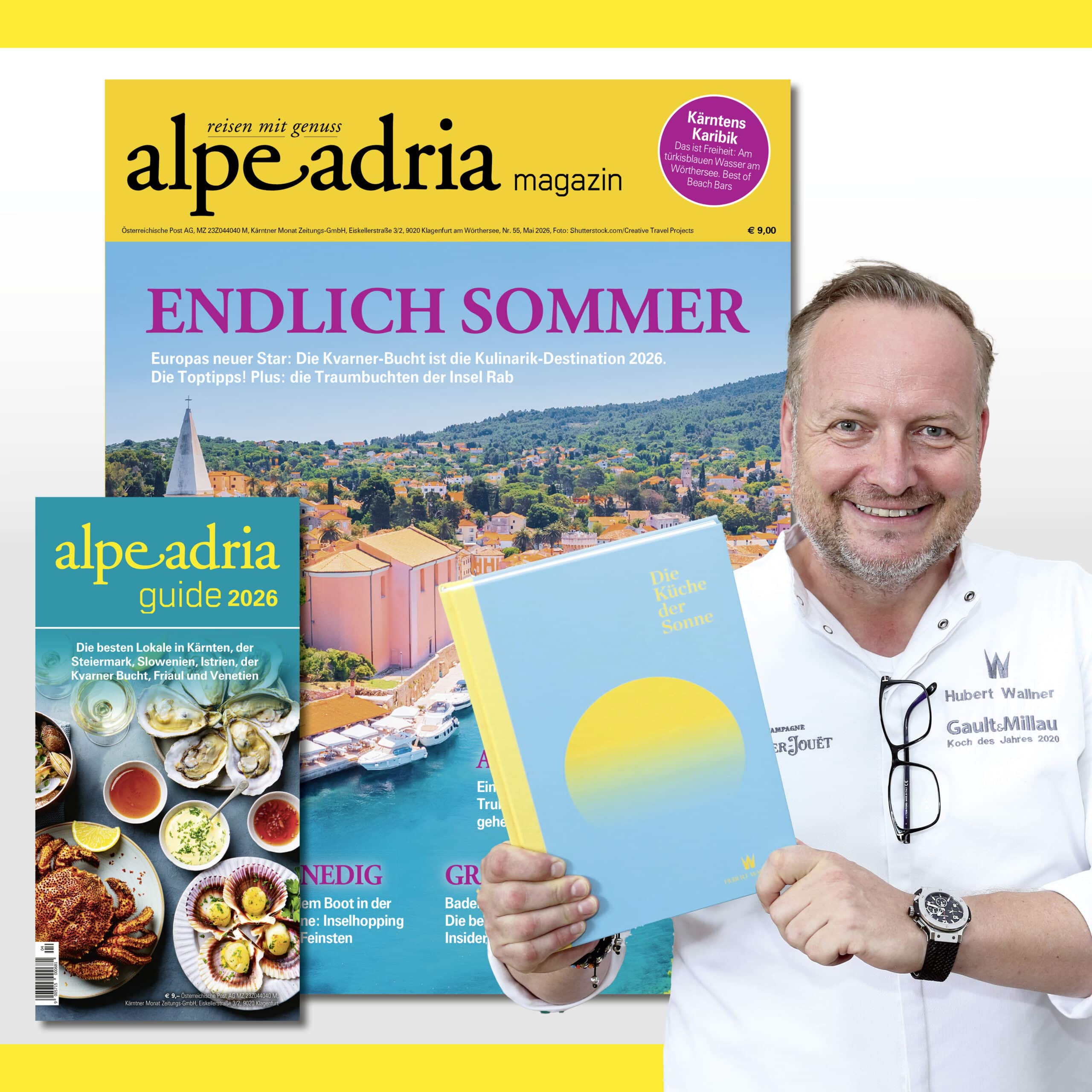 Alpe Adria Magazin & Alpe Adria Guide Jahresabo Print - inkl. signiertem Hubert Wallner Kochbuch